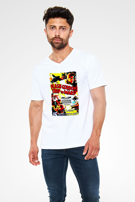 Flash Gordon Beyaz Unisex  V Yaka Tişört