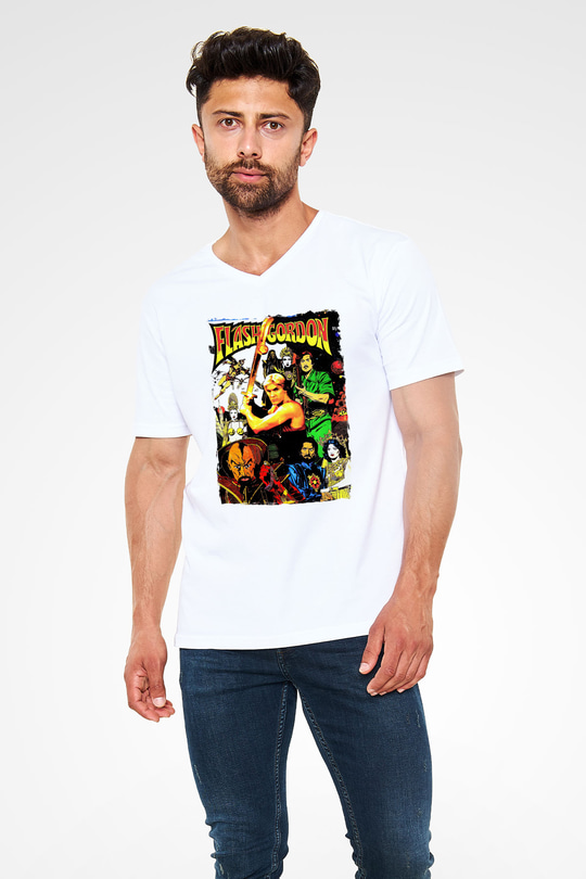 Flash Gordon Beyaz Unisex  V Yaka Tişört