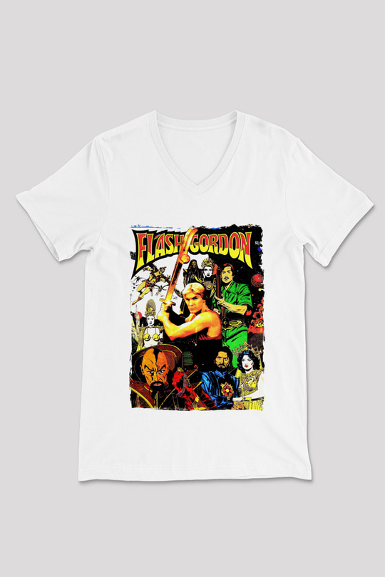 Flash Gordon Beyaz Unisex  V Yaka Tişört