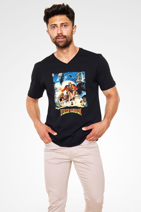 Flash Gordon Siyah Unisex  V Yaka Tişört