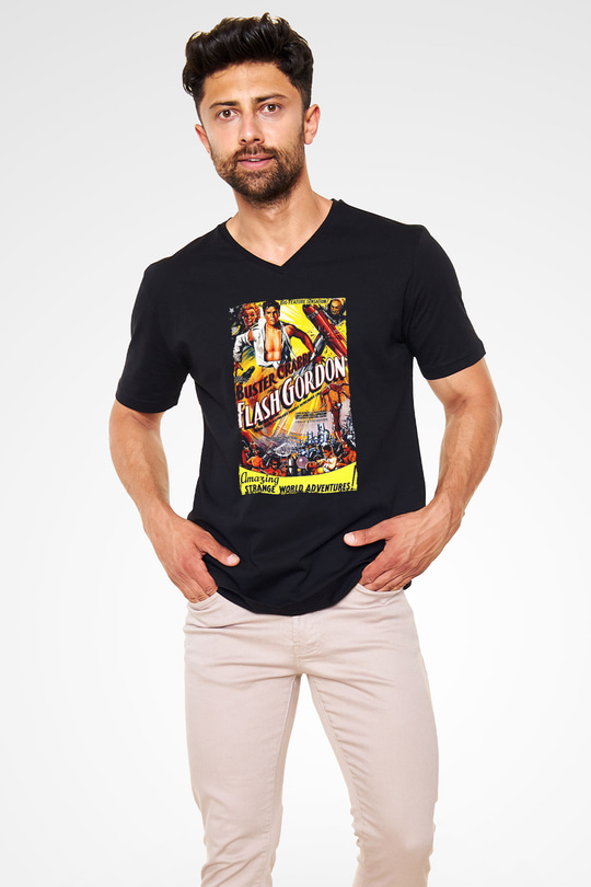 Flash Gordon Siyah Unisex  V Yaka Tişört