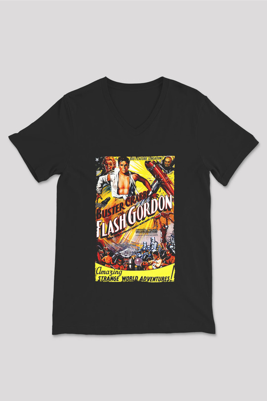 Flash Gordon Siyah Unisex  V Yaka Tişört