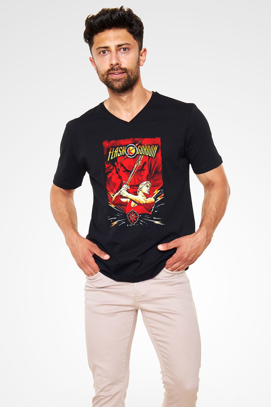 Flash Gordon Siyah Unisex  V Yaka Tişört