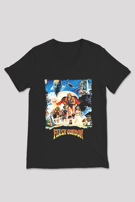 Flash Gordon Siyah Unisex  V Yaka Tişört