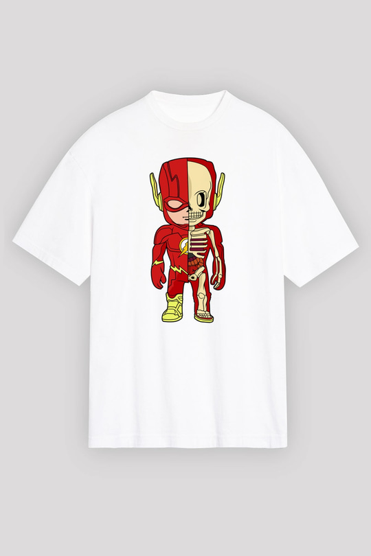 Flash Skeleton Baskılı Unisex Beyaz Oversize Tişört