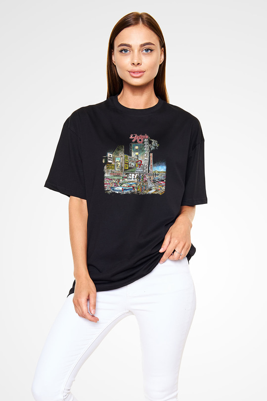 Foghat Baskılı Unisex Siyah Oversize Tişört