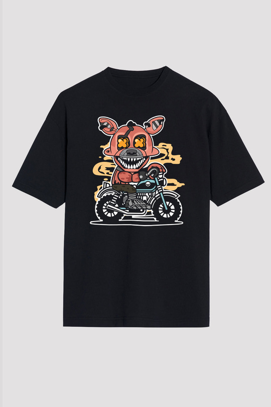 Foxy Motocross Baskılı Unisex Siyah Oversize Tişört