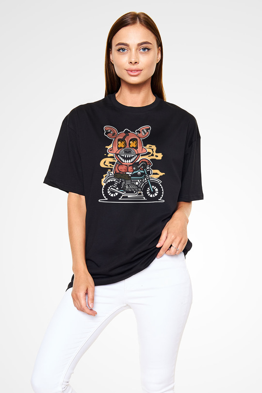 Foxy Motocross Baskılı Unisex Siyah Oversize Tişört