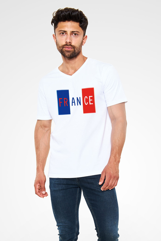 Fransa Beyaz Unisex V Yaka Tişört T-Shirt