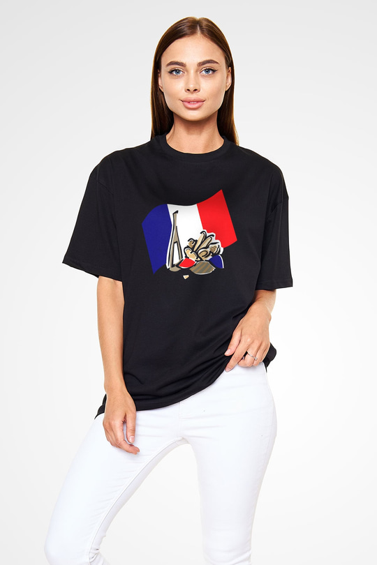 Fransa Siyah Unisex Oversize Tişört T-Shirt