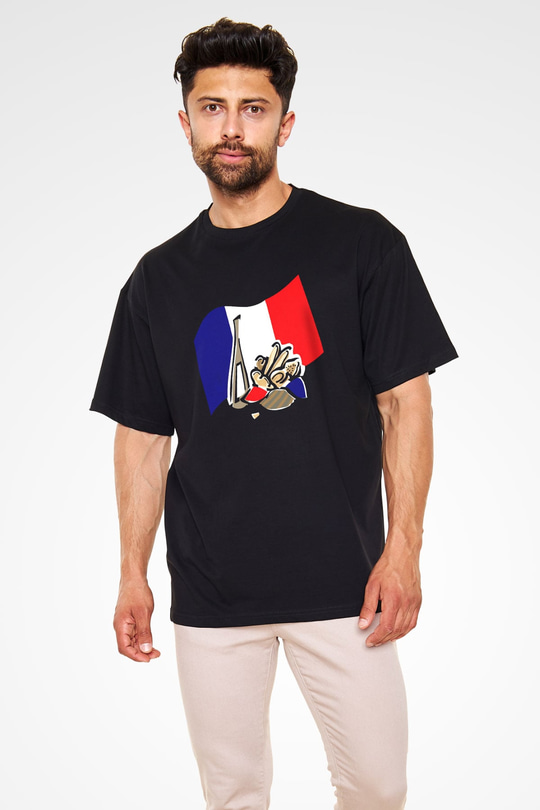 Fransa Siyah Unisex Oversize Tişört T-Shirt