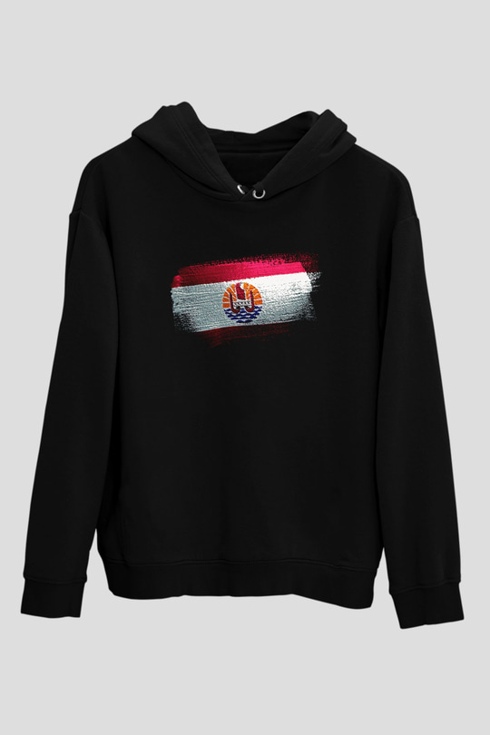 Fransız Polinezyası - French Polynesia Bayrağı Baskılı Unisex Siyah Hoodie