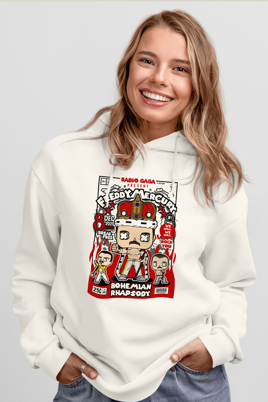 Freddy Mercury Baskılı Unisex Beyaz Hoodie