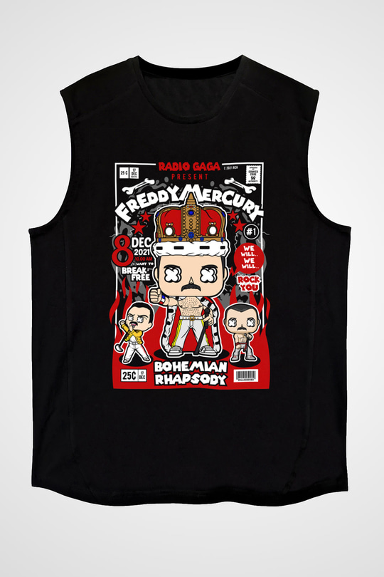Freddy Mercury Baskılı Unisex Siyah Kolsuz Tişört
