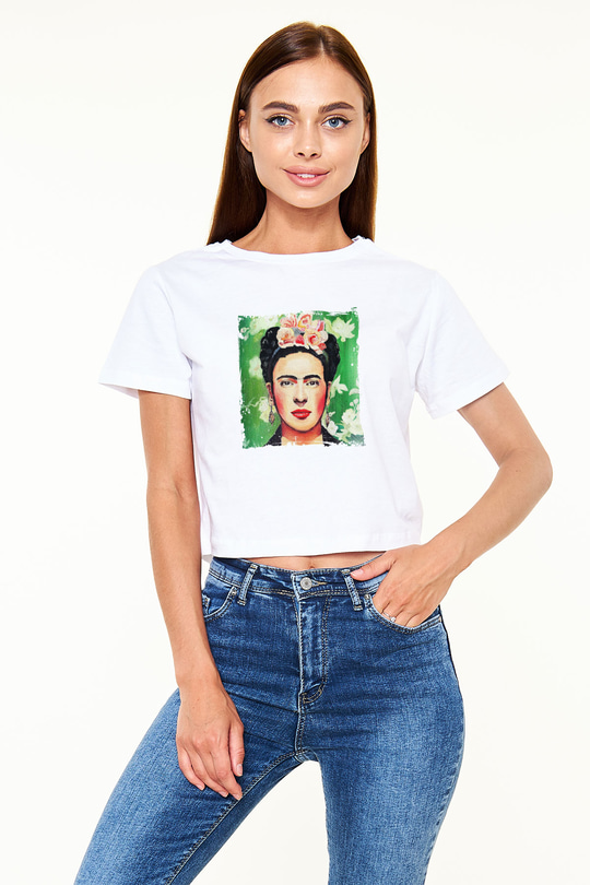 Frida Kahlo Baskılı Beyaz Kadın Crop Top Tişört