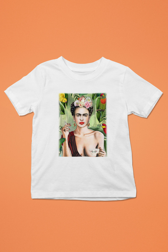 Frida Kahlo Baskılı Beyaz Unisex Çocuk Tişört