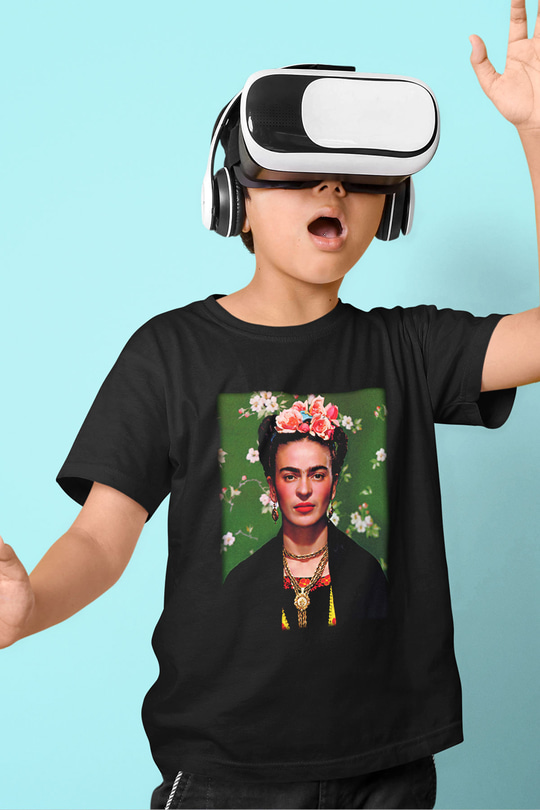 Frida Kahlo Baskılı Siyah Unisex Çocuk Tişört