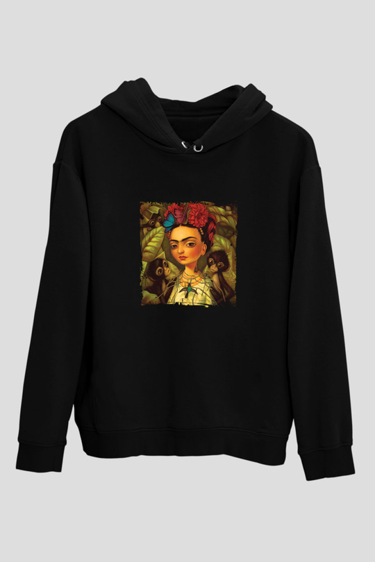 Frida Kahlo Baskılı Unisex Siyah Hoodie