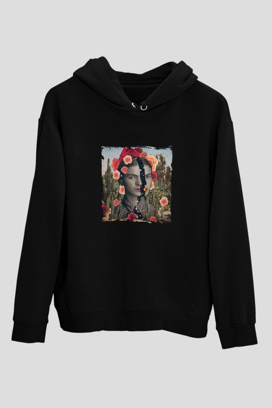 Frida Kahlo Baskılı Unisex Siyah Hoodie