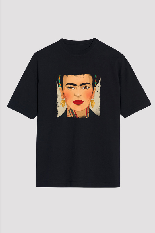 Frida Kahlo Baskılı Unisex Siyah Oversize Tişört