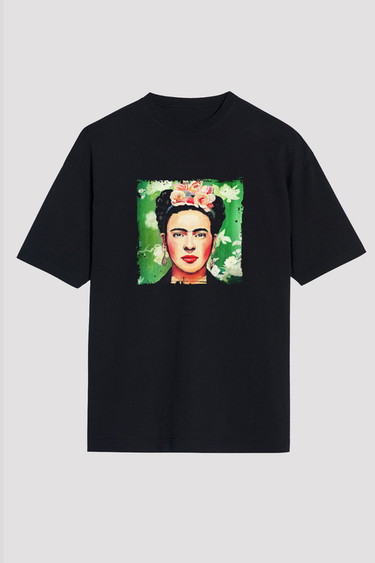 Frida Kahlo Baskılı Unisex Siyah Oversize Tişört