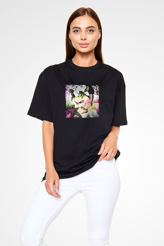 Frida Kahlo Baskılı Unisex Siyah Oversize Tişört