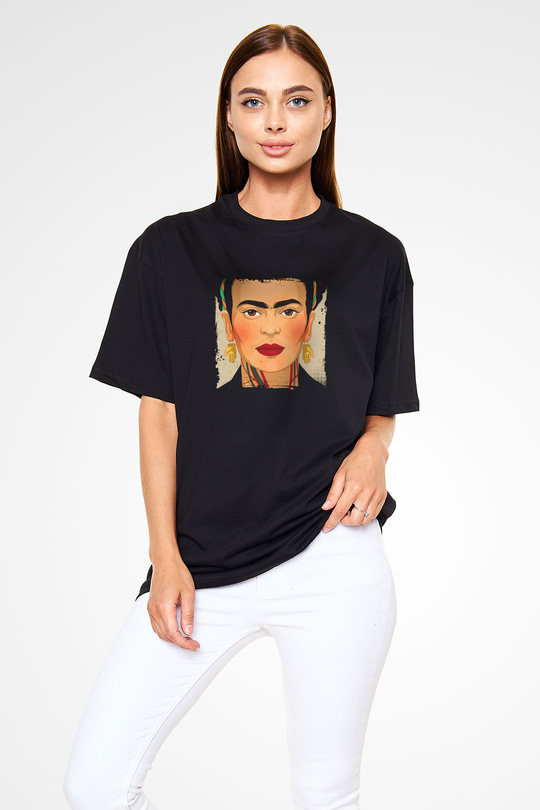 Frida Kahlo Baskılı Unisex Siyah Oversize Tişört