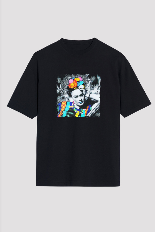 Frida Kahlo Baskılı Unisex Siyah Oversize Tişört