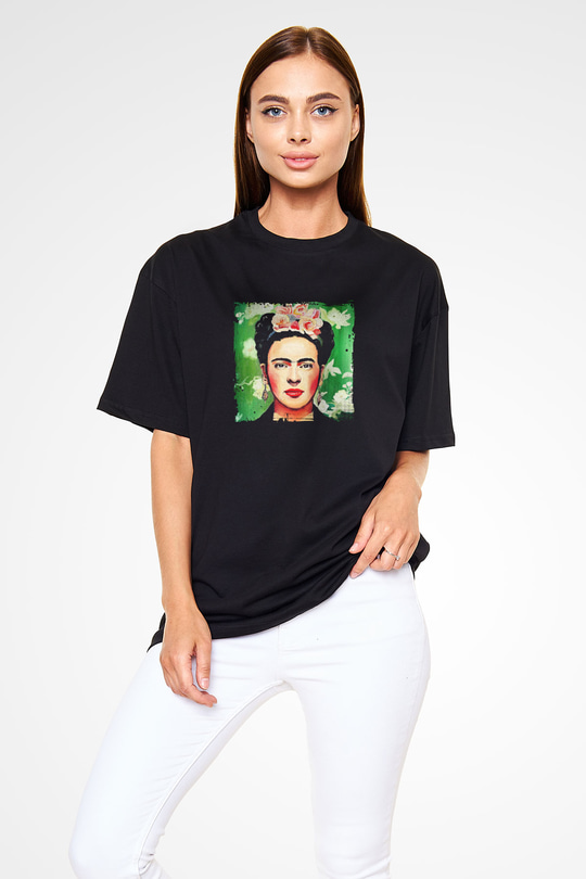 Frida Kahlo Baskılı Unisex Siyah Oversize Tişört