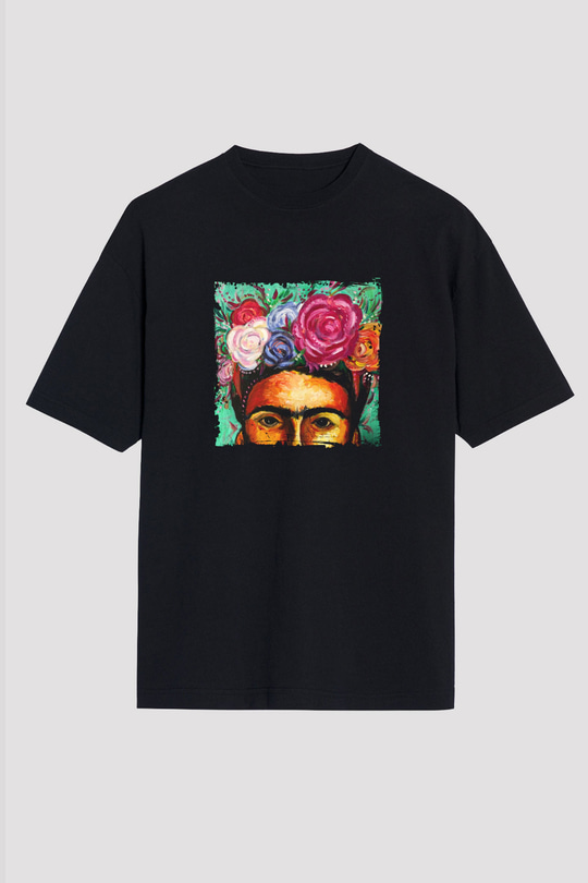 Frida Kahlo Baskılı Unisex Siyah Oversize Tişört
