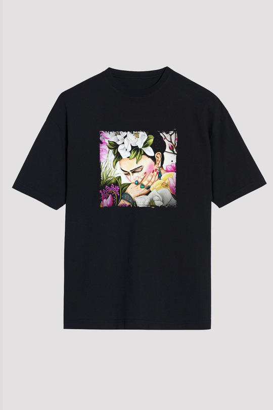 Frida Kahlo Baskılı Unisex Siyah Oversize Tişört