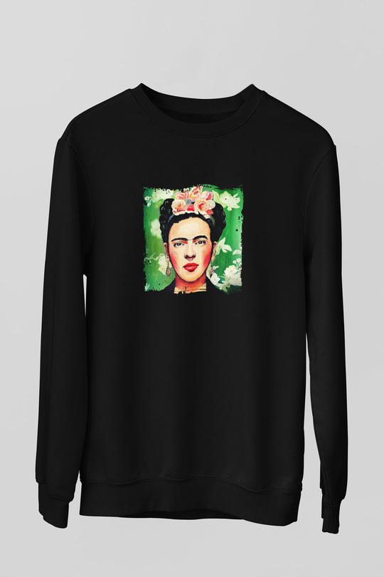 Frida Kahlo Baskılı Unisex Siyah Sweatshirt