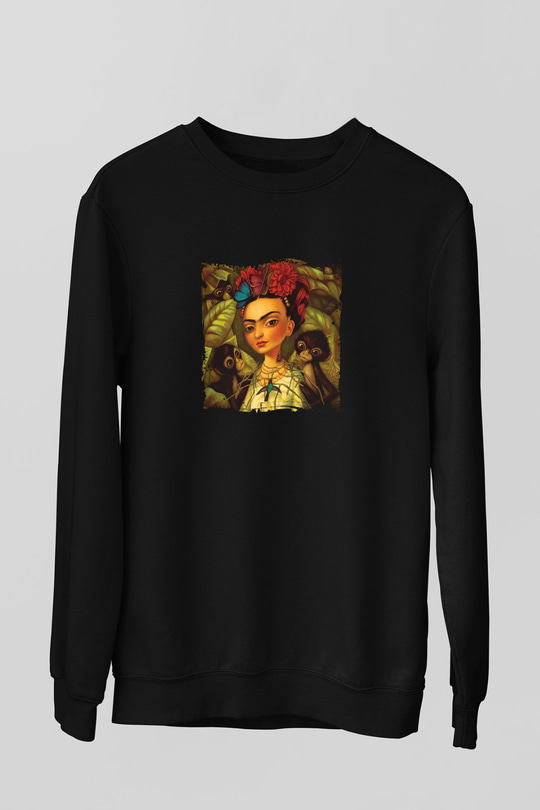 Frida Kahlo Baskılı Unisex Siyah Sweatshirt