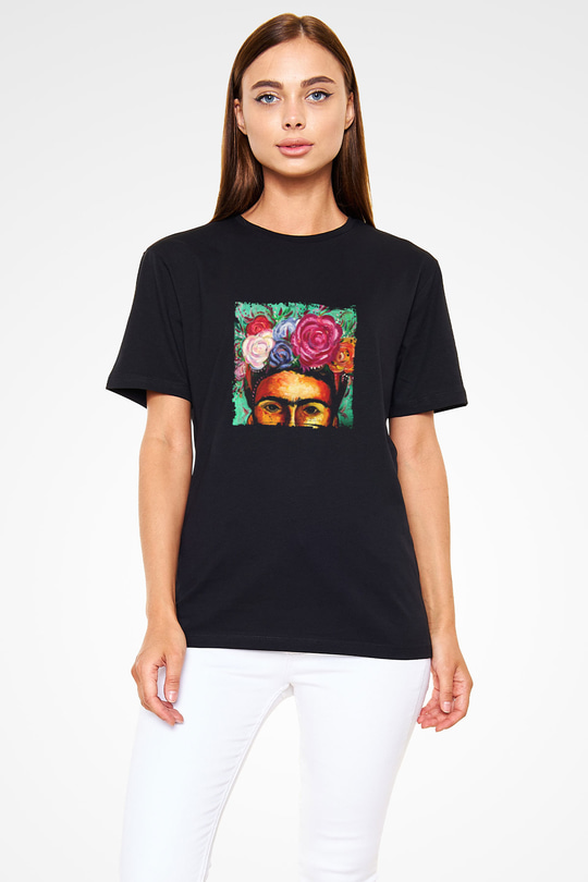 Frida Kahlo Baskılı Unisex Siyah Tişört