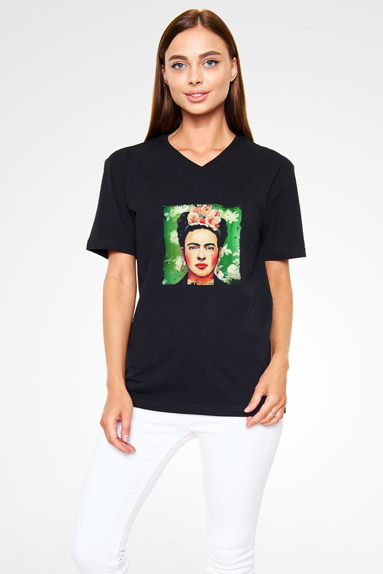 Frida Kahlo Baskılı Unisex Siyah V Yaka Tişört