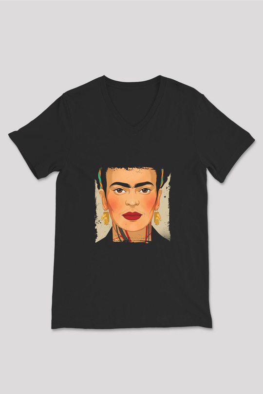 Frida Kahlo Baskılı Unisex Siyah V Yaka Tişört