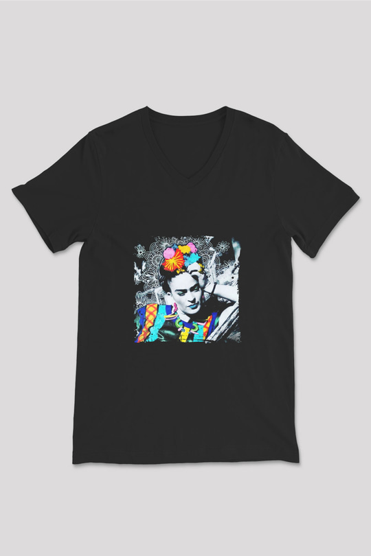Frida Kahlo Baskılı Unisex Siyah V Yaka Tişört