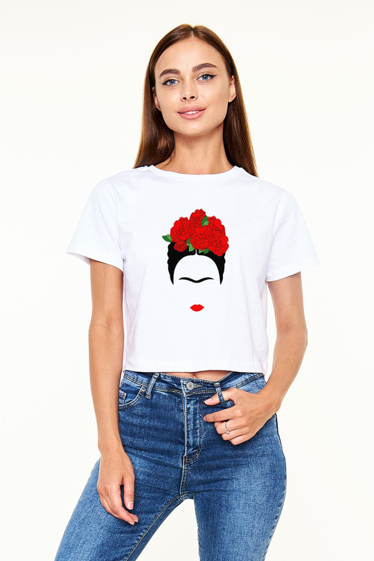 Frida Kahlo Beyaz Croptop Tişört