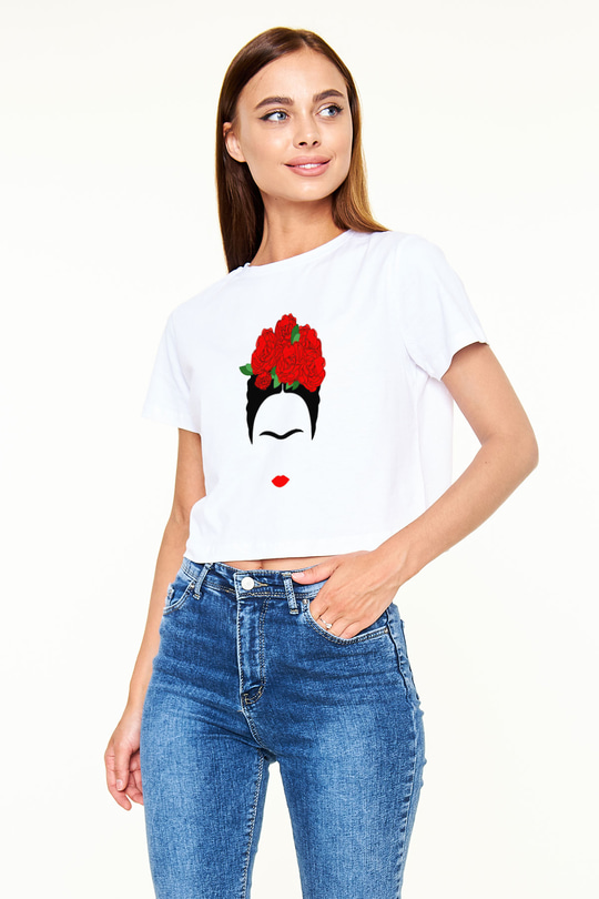 Frida Kahlo Beyaz Croptop Tişört