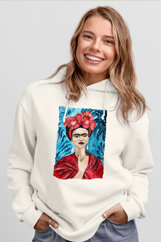 Frida Kahlo Beyaz Unisex Kapüşonlu Sweatshirt