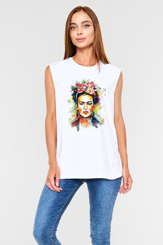 Frida Kahlo Beyaz Unisex Kolsuz Tişört