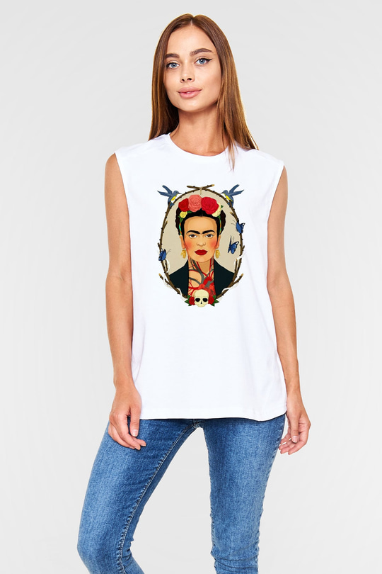 Frida Kahlo Beyaz Unisex Kolsuz Tişört