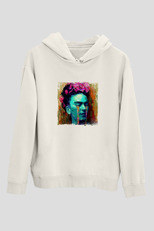 Frida Kahlo Unisex Baskılı Beyaz Kapüşonlu Sweatshirt