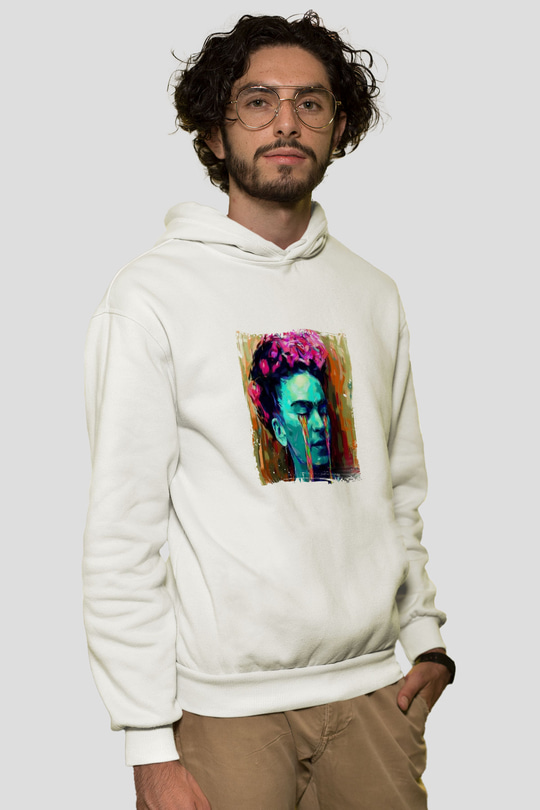 Frida Kahlo Unisex Baskılı Beyaz Kapüşonlu Sweatshirt