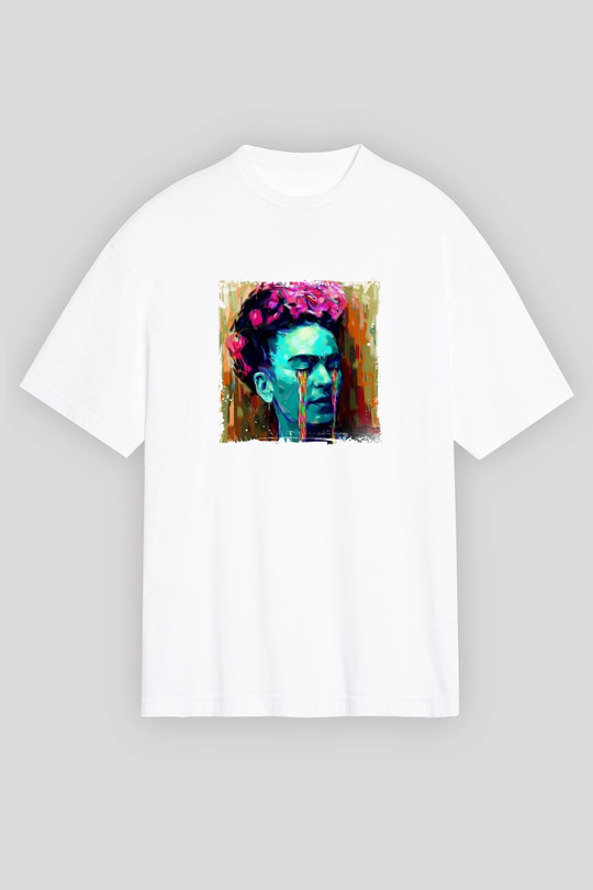 Frida Kahlo Oversize Baskılı Beyaz Tişört