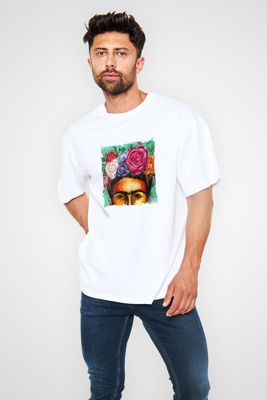 Frida Kahlo Oversize Baskılı Beyaz Tişört