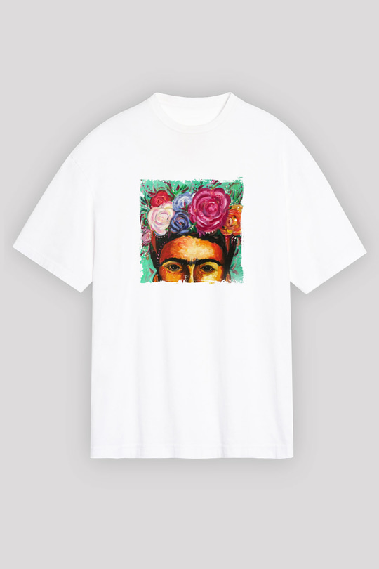 Frida Kahlo Oversize Baskılı Beyaz Tişört
