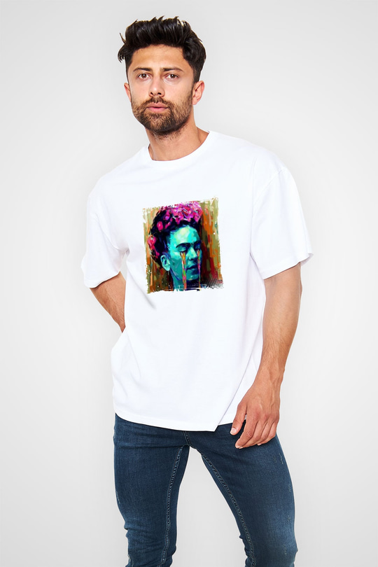 Frida Kahlo Oversize Baskılı Beyaz Tişört