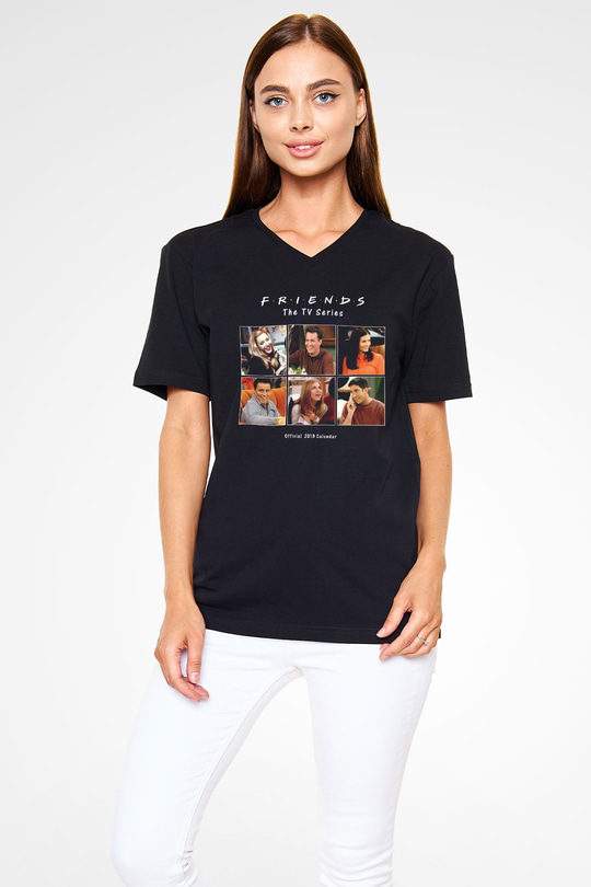 Friends Siyah Unisex V Yaka Tişört