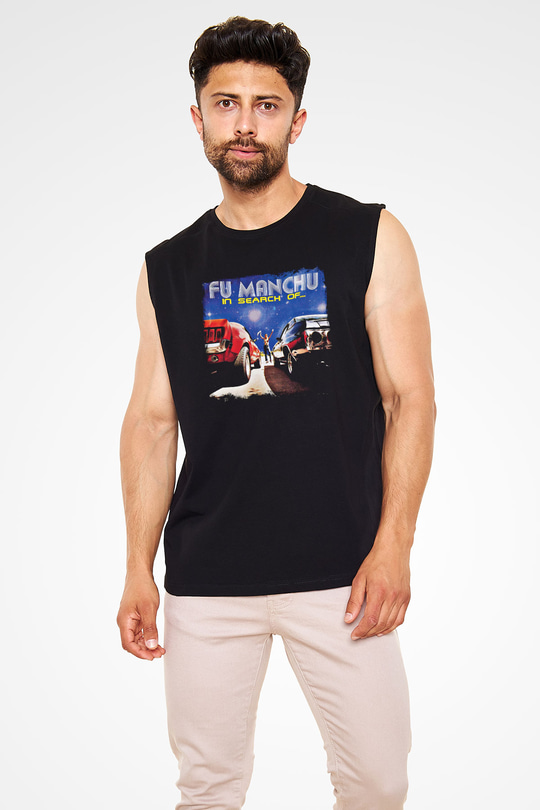 Fu Manchu Baskılı Unisex Siyah Kolsuz Tişört
